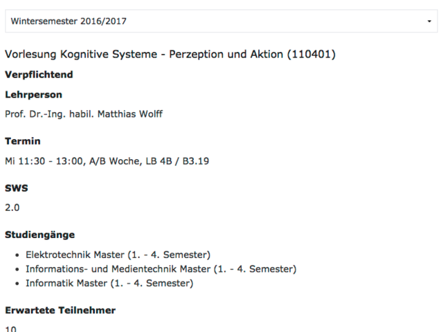 Beispielhafte Auflistung von Lehrveranstaltungen für ein Wintersemester (Screenshot)