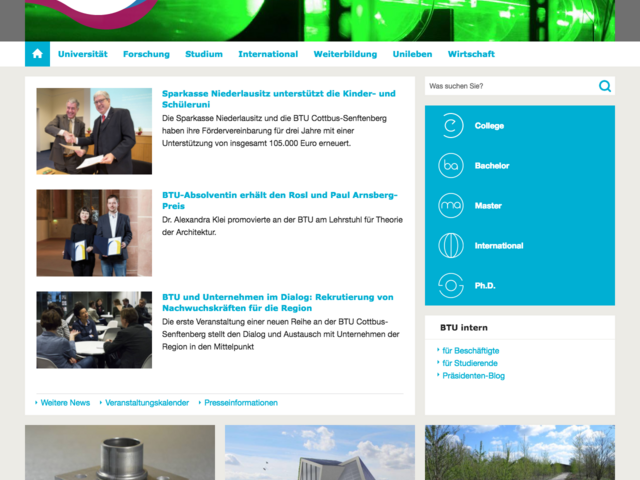 Startseite der BTU-Webseite, Stand 27.02.2017
