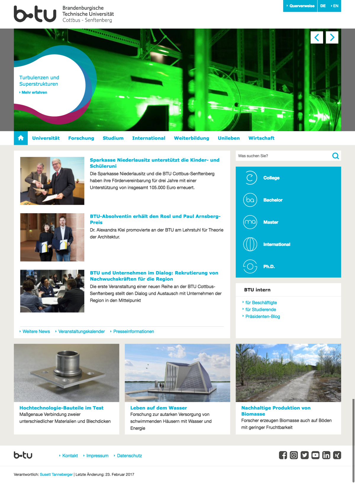 Startseite der BTU-Webseite, Stand 27.02.2017