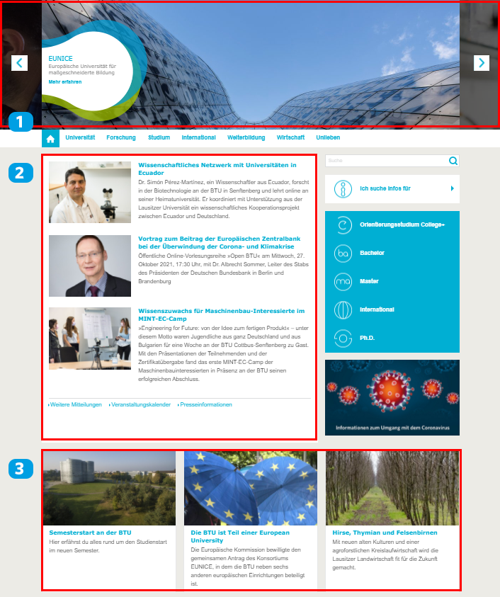 Screenshot der BTU-Startseite mit roten Umrandungen der Redaktionellen Bereiche