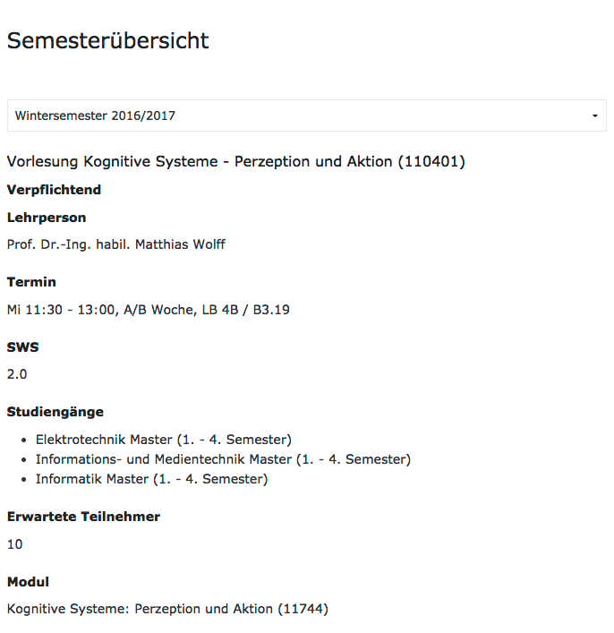 Beispielhafte Auflistung von Lehrveranstaltungen für ein Wintersemester (Screenshot)