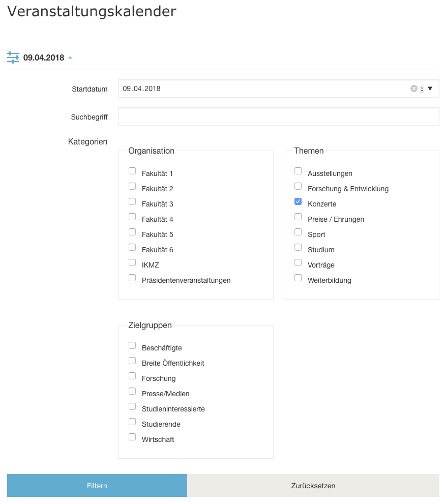 Kategorien im Filter des Veranstaltungskalenders